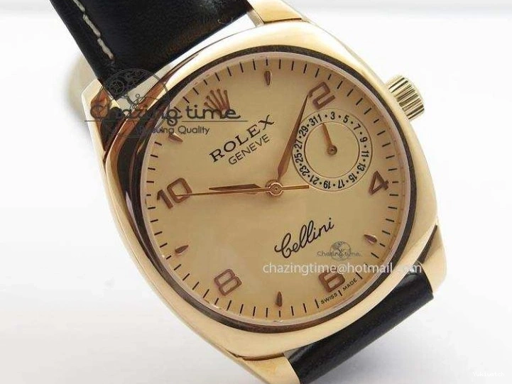 A2824 Cellini Markers Numeral Leather Date RG Rose Black Dial On Gold Strap 0721